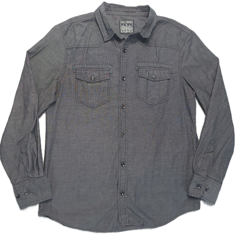 Straight Faded Mens M Shirt Button Up Roll Up Long Sleeve Snap Pockets Dark Gray - Picture 2 of 8